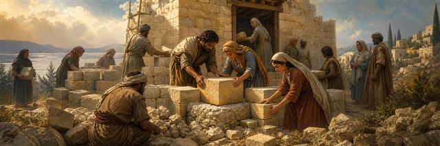 A diverse community fitting stones into a welcoming house while serving travelers nearby
